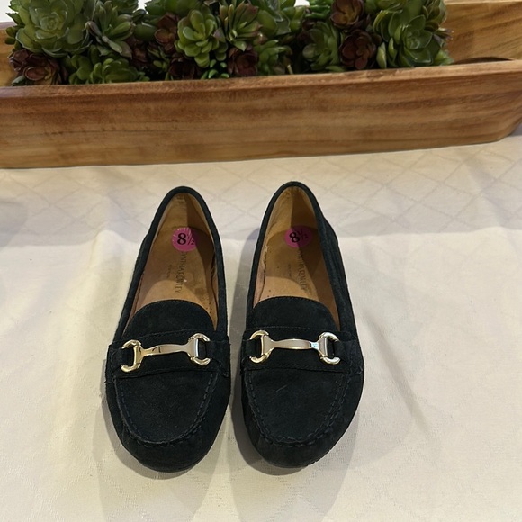 Cynthia Rowley navy blue suede Loafers with gold Buckle like new Women’s 8.5 EUC - Picture 1 of 6